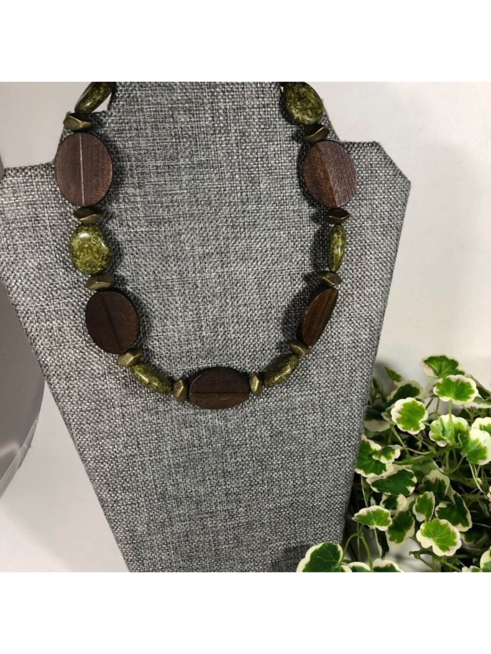 Brown Green Antique Gold Tone Wood Mixed Beads 18in Boho Necklace